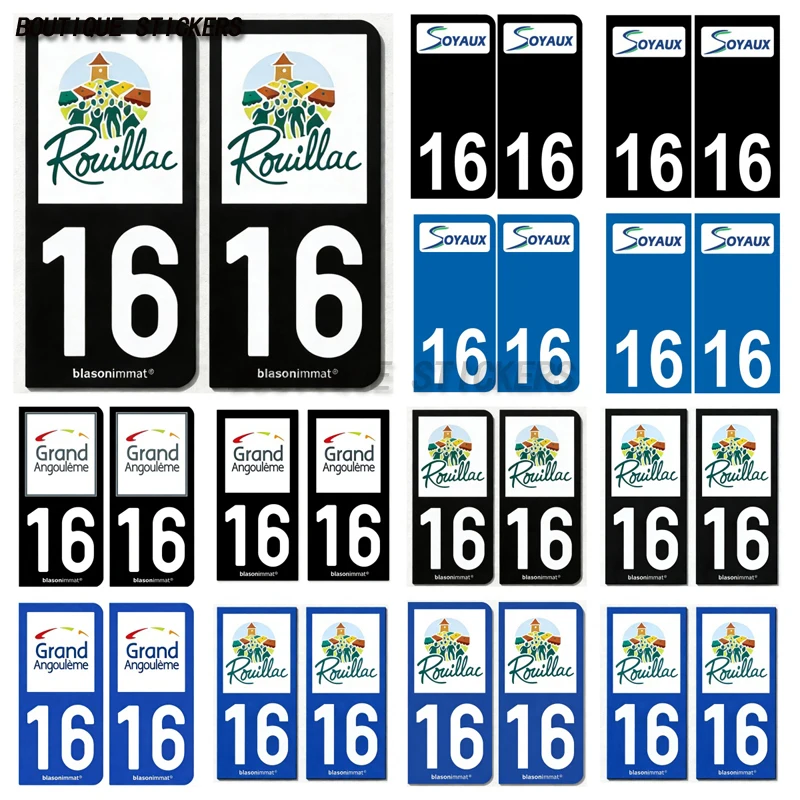 

2Pcs Autocollant plaque d'immatriculation française noir bleu 16 Angoulême - Agglo Rouillac - Commune Soyaux logo car sticker