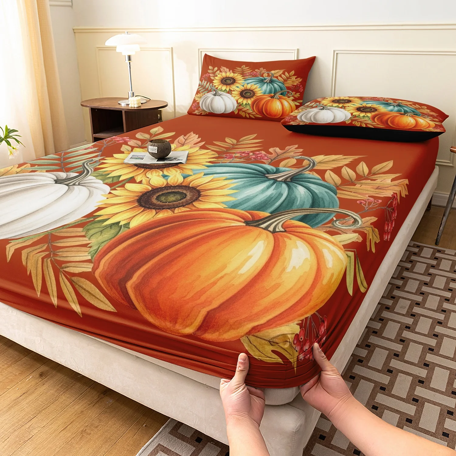3 Pieces Fall Harvest Pumpkin Sunflower Print Fitted Sheet Set, Orange Base Autumn Leaf Berry Farmhouse Printed Bedding