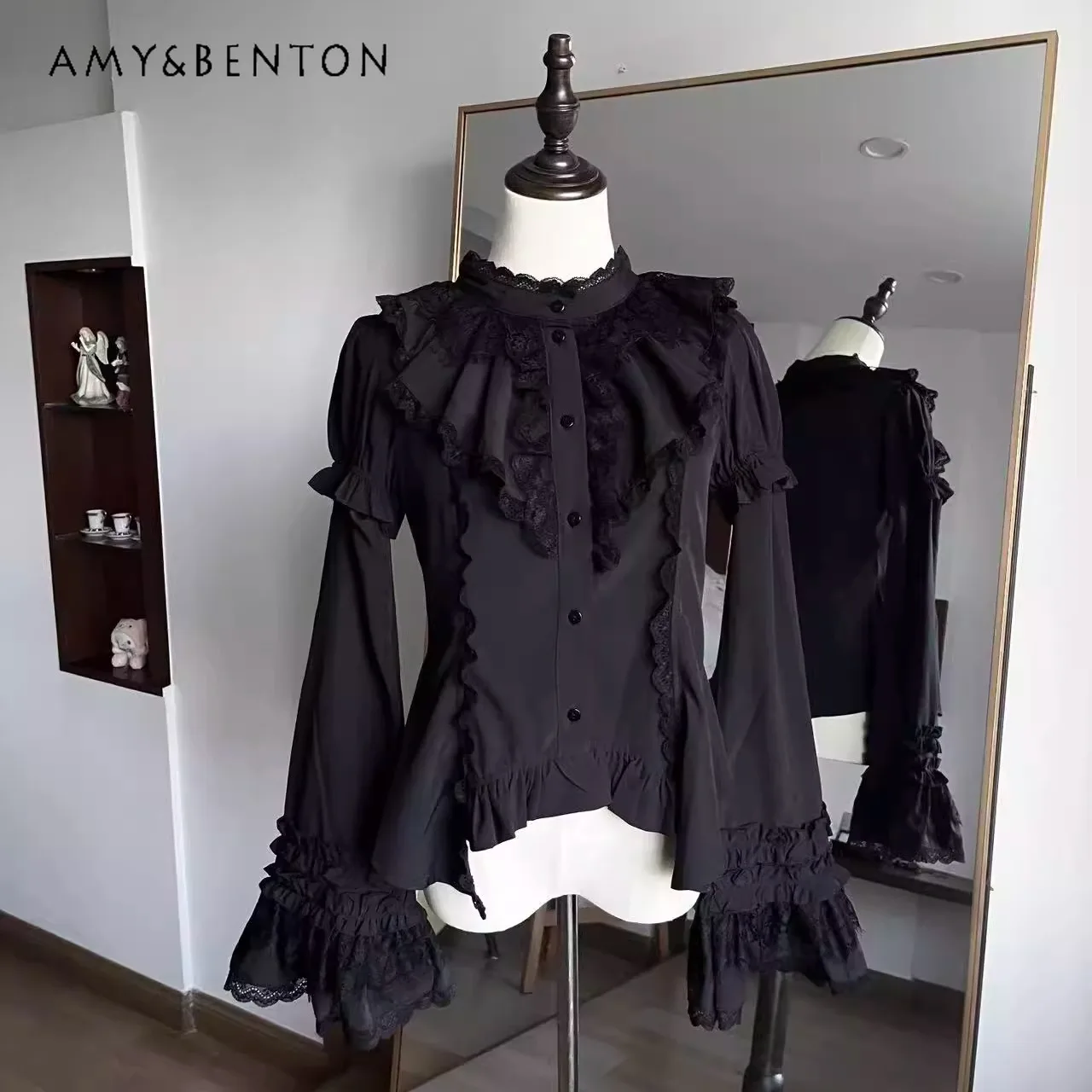 Original Gothic Punk Style Lolita Inner Shirt Japanese Subculture Anime Girl Round Neck Lace Patchwork Slim Fit Shirt for Women