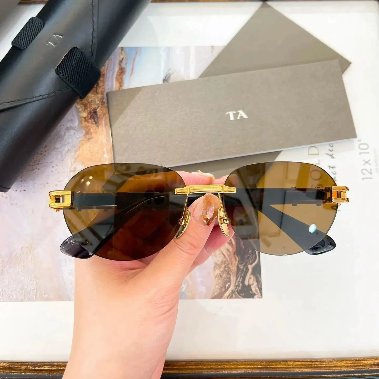 

New RETRODITA DTS152 Stylish Leisure Rimless Brown Lenses Womens Sunglasses Classic Black Oval Acetate Frame Men's Sun Glasses