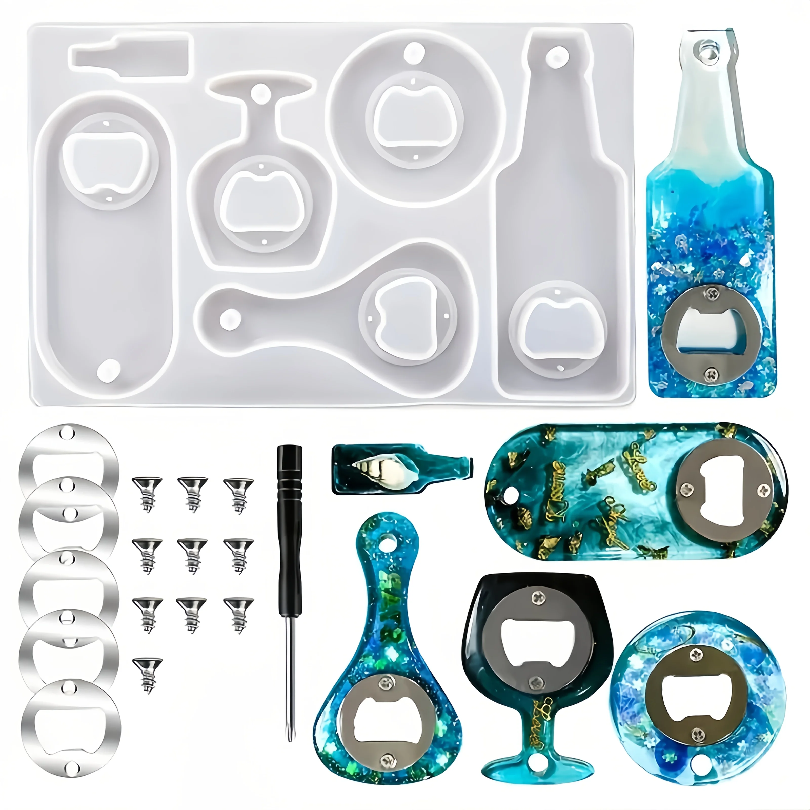 17-teiliges Flaschenöffner-Gießformen-Set aus Silikon, geeignet für Bierflaschenöffner, Epoxidharz, Harzschmuckguss und Kunsthandwerk. – Detail 1