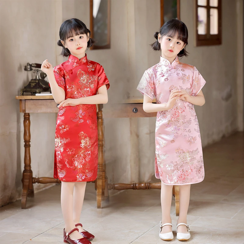 

Милое платье Cheongsam для девочек, новое летнее милое платье принцессы с цветочным узором для маленьких девочек, детское праздничное бальное платье, винтажный китайский костюм Тан