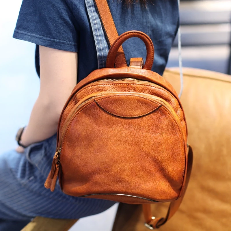 Art Retro Small Women Backpack Shell Backpacks Ladies School Bags Tide Casual Real Genuine Leather Top Layer Leather Wild Female