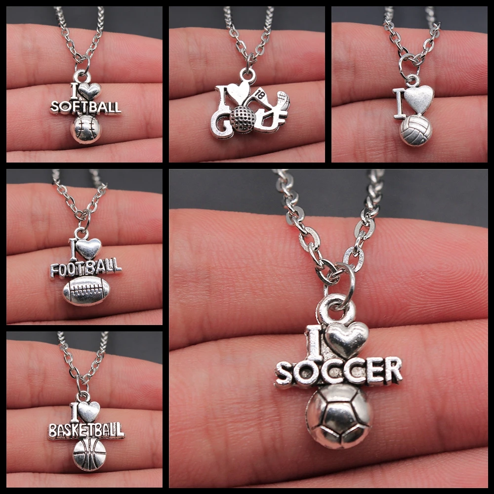 Vintage Antique Silver Color Sport Jewelry Necklace Volleyball Soccer Basketball Baseball Pendant Necklaces Metal Chain Gift