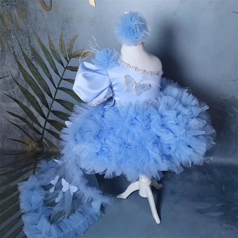 

Blue Tulle Flower Girl Dresses Tiered Puffy Tailor-Made Communion Dresses Princess Baby Girl Birthday Party Dresses with Train