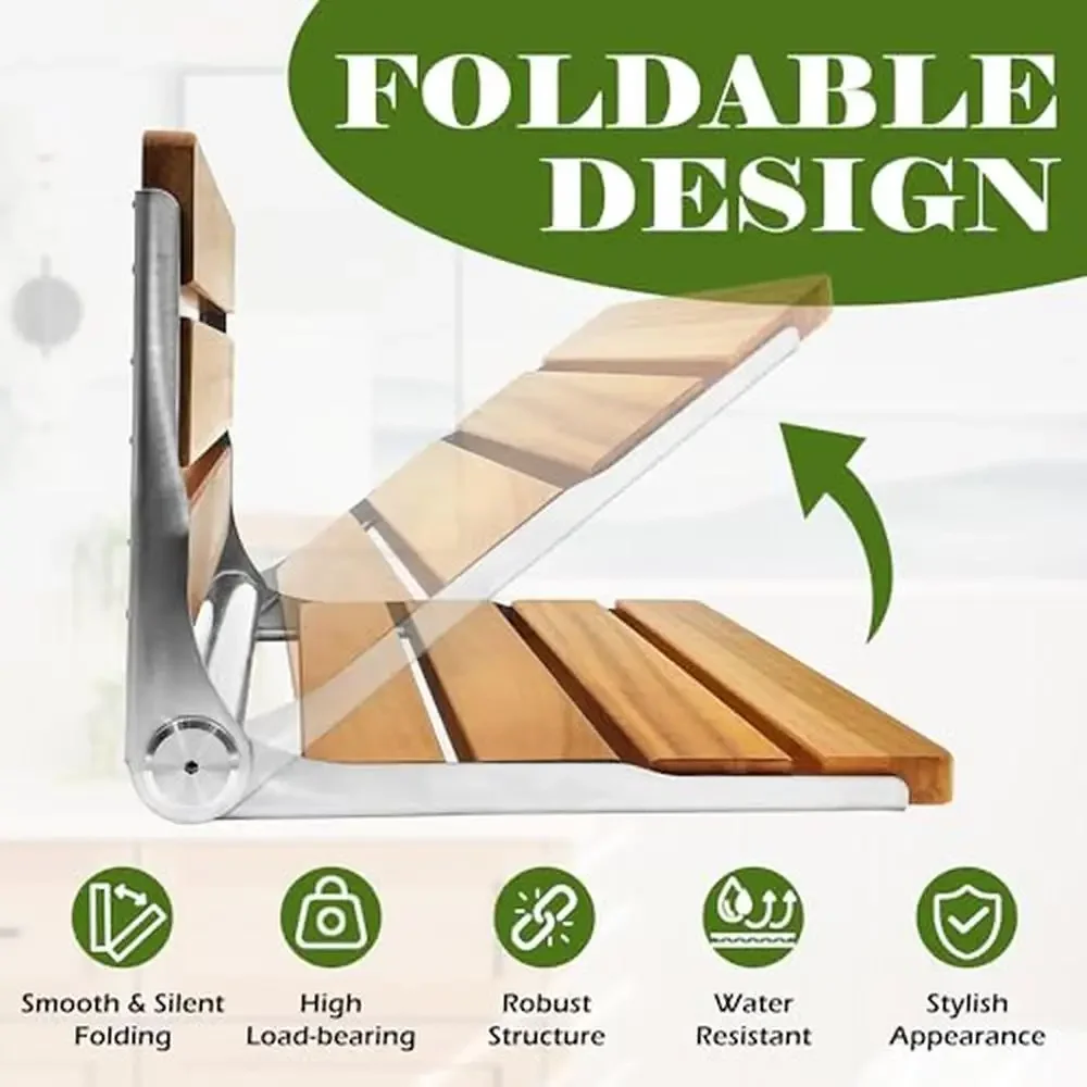 Складное сиденье для душа из тикового дерева, настенное крепление, емкость 450 фунтов, нержавеющая сталь, 13 x 17 дюймов, водонепроницаемость