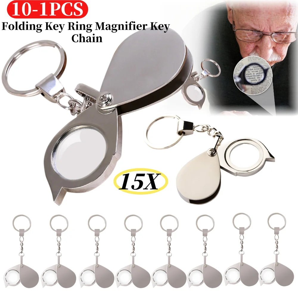 

10-1PCS Portable Mini 15X Magnifier Metallic Silver Foldable Exquisite Keychain Glass Loupe Pocket Tool Gift Supplies