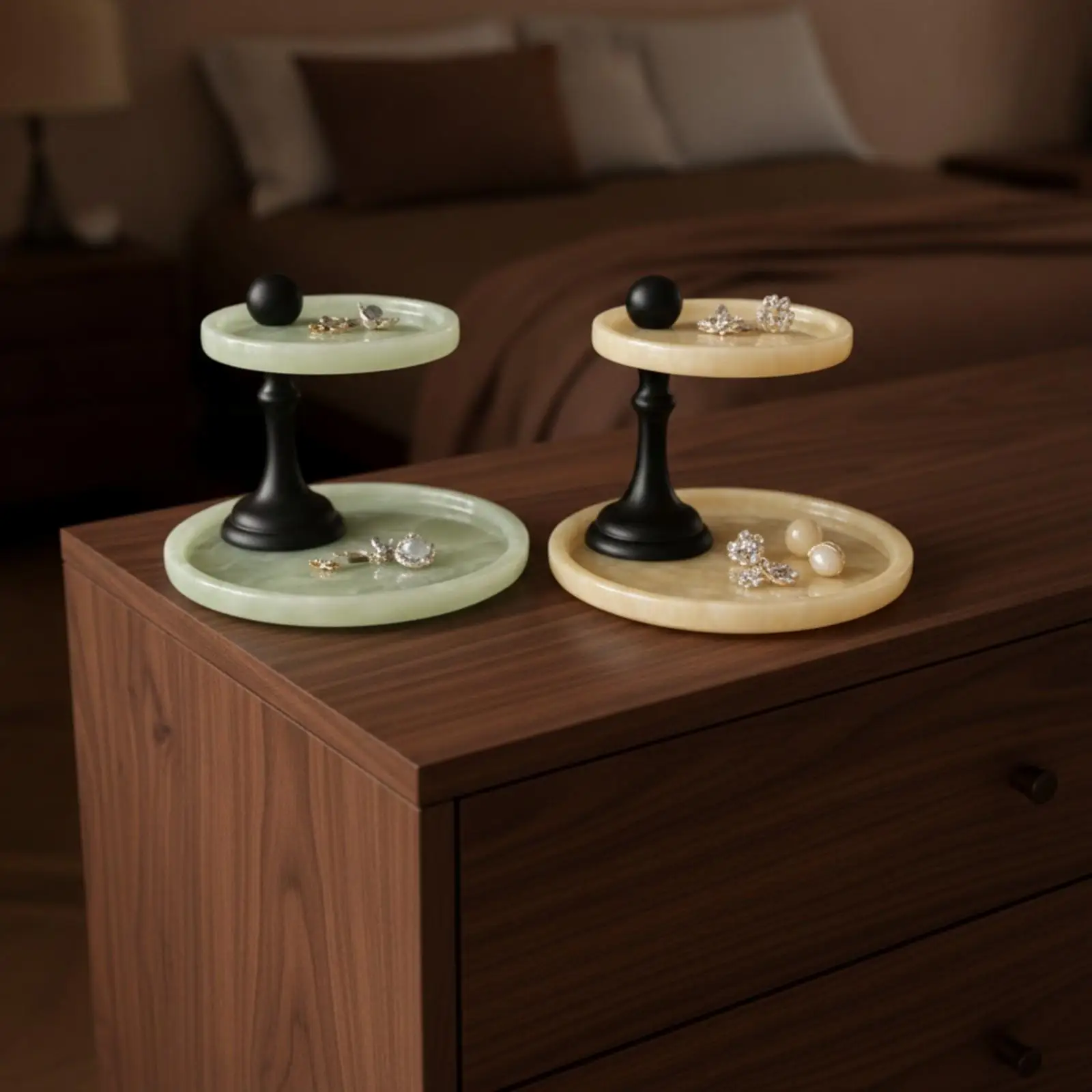 Two-Tier Desktop Tray with Pedestal Decorative Two-Tier Marble Tray Marble Vanity Organizer Multi-Purpose Storage Rack