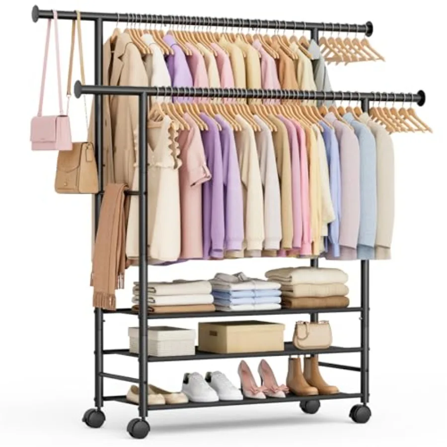 

44" Double Rods Clothes Rack for Hanging Clothes, Sturdy Wardrobe Clothing Rack with 3 Tier Shelves, Portable Rolling Garment R
