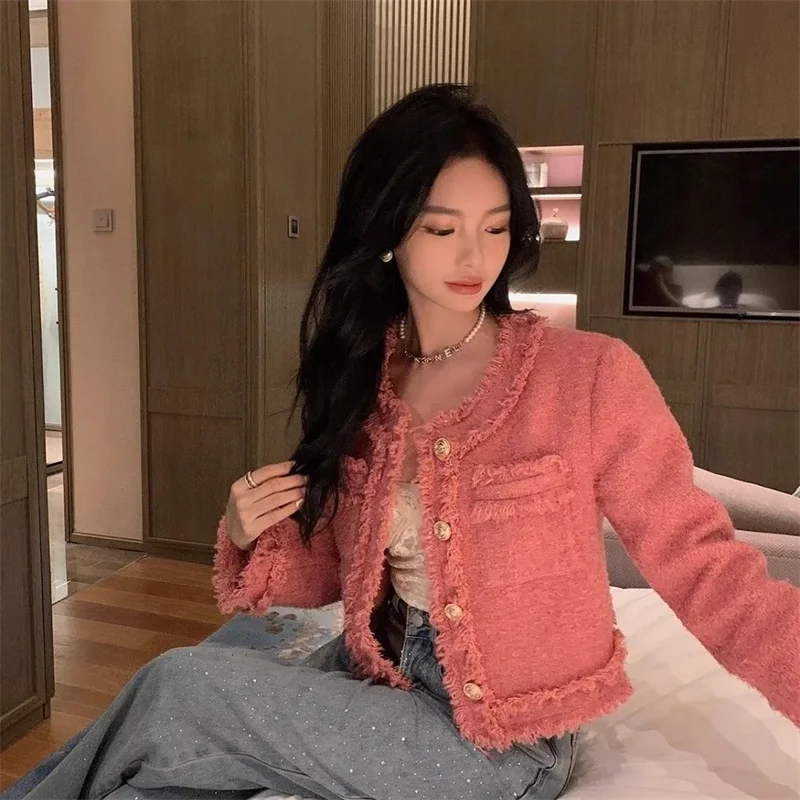Spring Autumn Winter Jacket Women Coat 2026 New Round Neck Slim Fashion Small Fragrance Style Short Top Female Outwear
