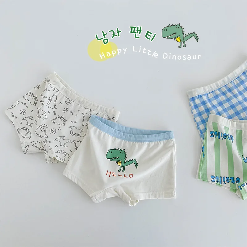 Ropa interior de algodón para niños, calzoncillos con patrón de dinosaurio y oso de dibujos animados, Bóxer suave para las cuatro estaciones, 4