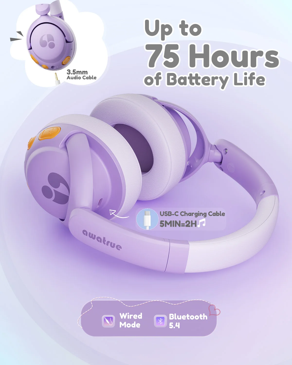 Headphone Nirkabel Awatrue Kids Over-Ear Bluetooth 5.4 untuk Balita, Volume Aman 85dB untuk iPad/YOTO Player/Tablet/Sekolah