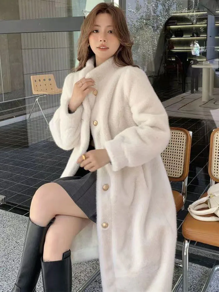 Korean Fashion Faux Mink Cashmere Jackets Elegant Double-faced Fur Stand Neck Long Coats Casual Loose Single Breasted Abrigos