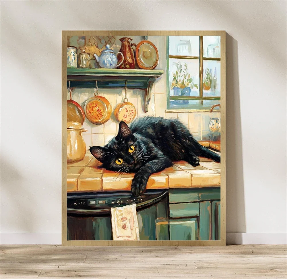 1pc frameless Canvas Painting Whimsical Black Cat Kitchen Print Poster Vintage Farmhouse Art Poster Home Dining Room Wall Decora