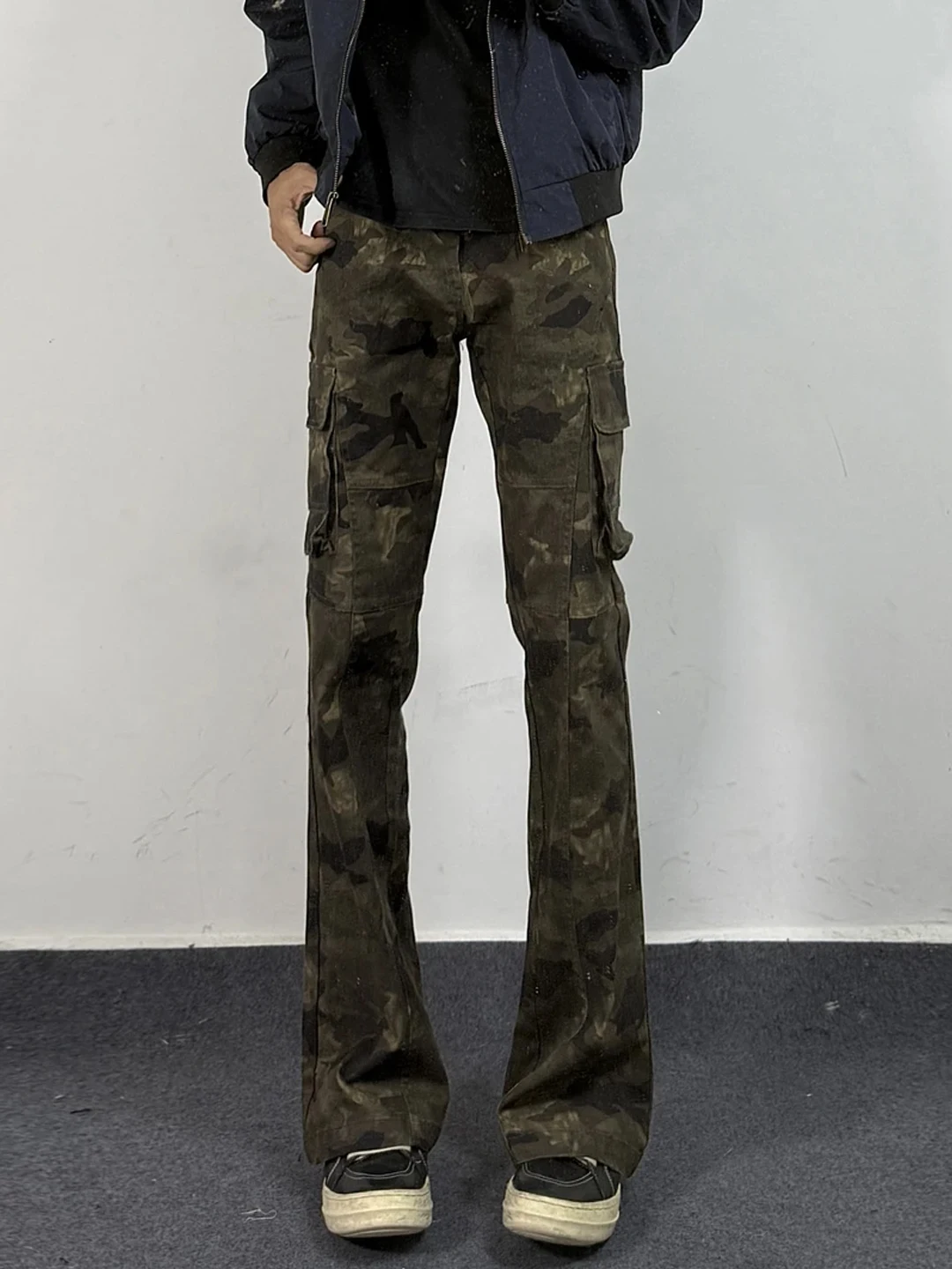 

American High Street Camouflage Bell Bottom Slim Fit Jeans Men's Autumn Straight Leg Trousers Tall Leg Lengthening Workwear P...