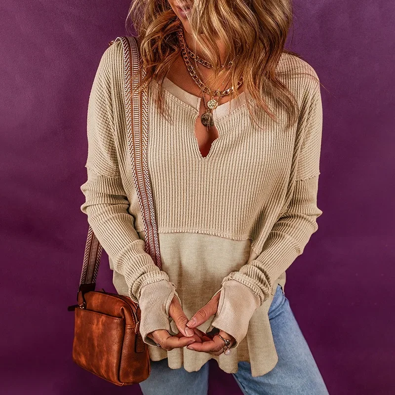 2024 neue Damen Waffel halboffenen Kragen Pullover Patchwork Langarm Sweatshirts für Frauen lose lässige Tops nasy0006