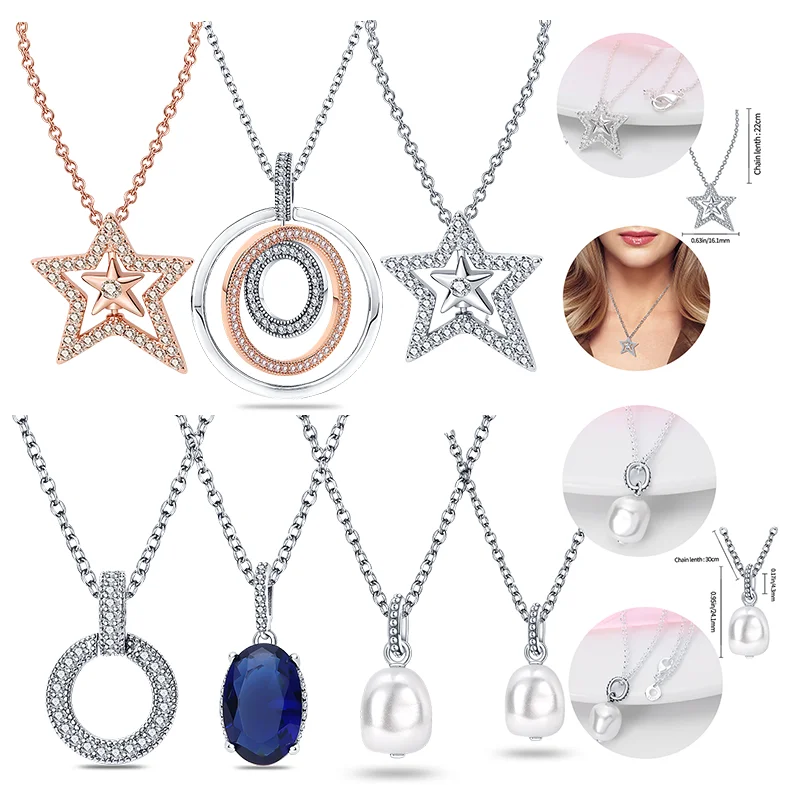 Necklace For Women Silver Color S925 Rose Gold Dazzling Heart Peal Pendant Necklace Blue Crystal Colar De Pérolas Bes