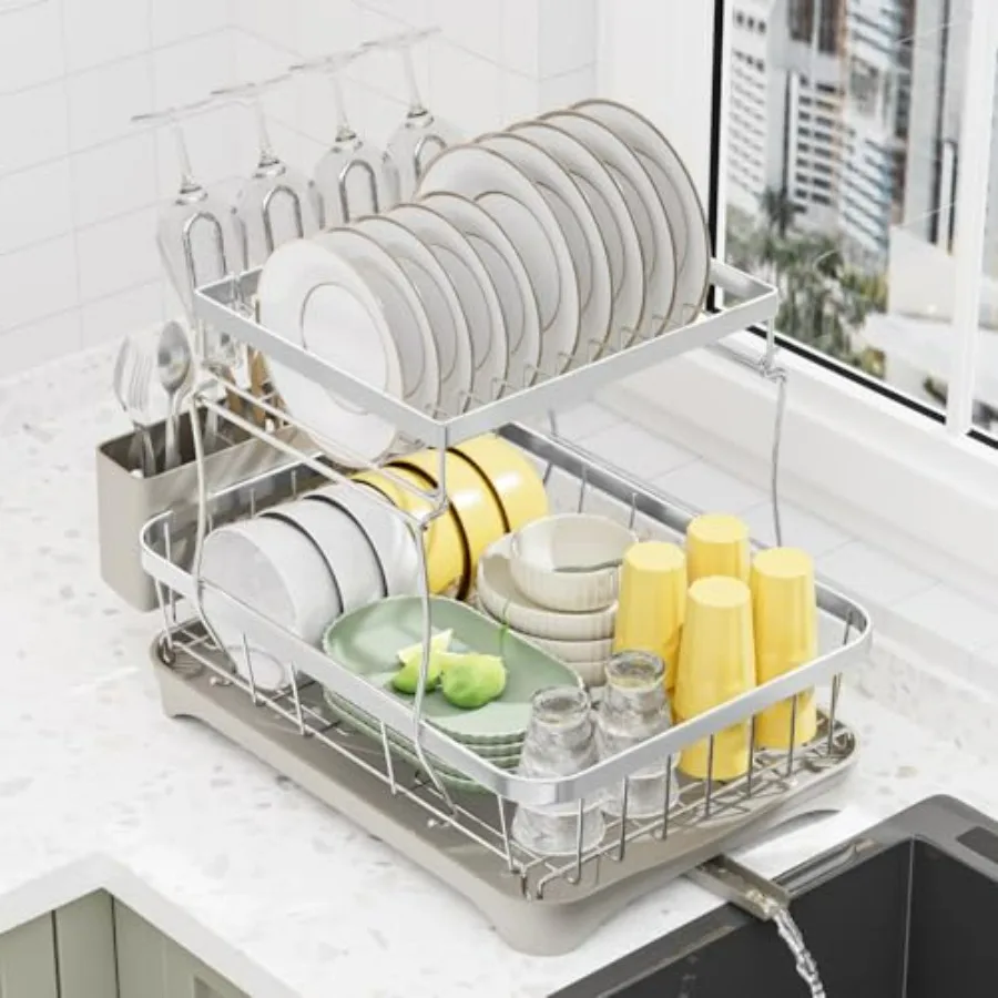 

Large Dish Drying Rack for Kitchen Counter 2-Tier Dish Racks with Draining Tray Detachable Ccity Dish Drainer Organizer Grey