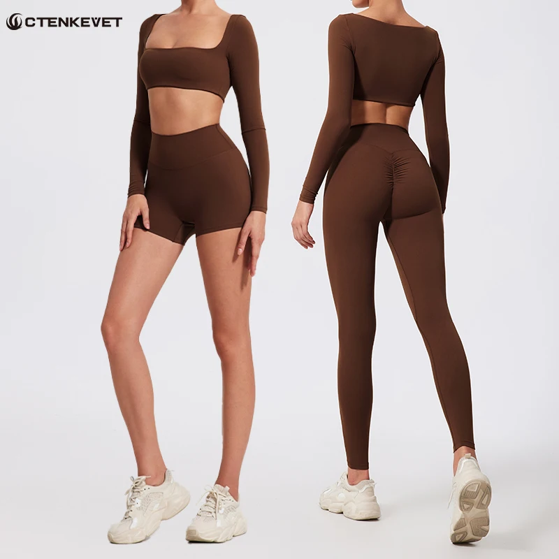 Ctenkevet Long sleeve Shirt Sports Set Women Fitness Yoga Suit Crop Top High Waist Gym Set Women Quick-Dry 2Pcs Set Yoga Clothes