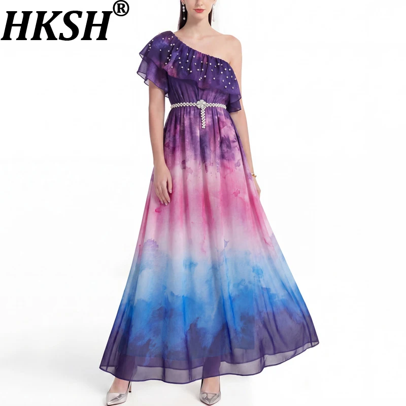 

Женское элегантное платье HKSH с градиентным принтом, открытыми плечами, короткими рукавами, плиссировкой и поясом, приталенное, модное, повседневное, летнее HK22731