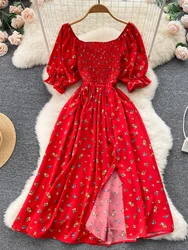 YuooMuoo Fast Shipping Women Dress Fashion Romantic Floral Print Split Long Summer Dress Puff Sleeve Party Korean Vestidos