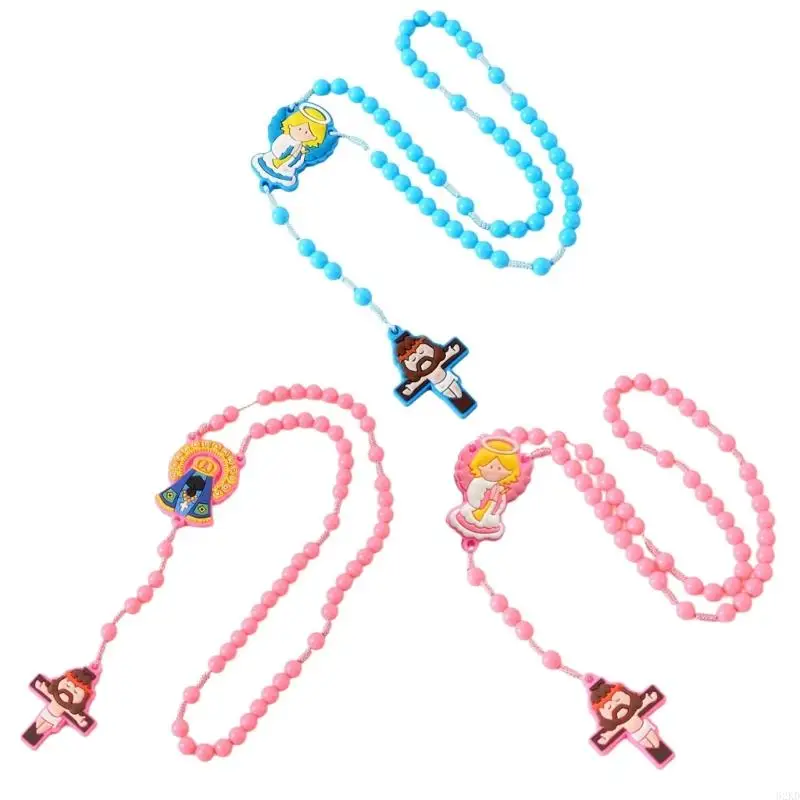 

62KD 2Pieces Catholic Children Rosary Necklace Set with Crosses Pendant Acrylic Beads Neck Chain for Religious Event Gift