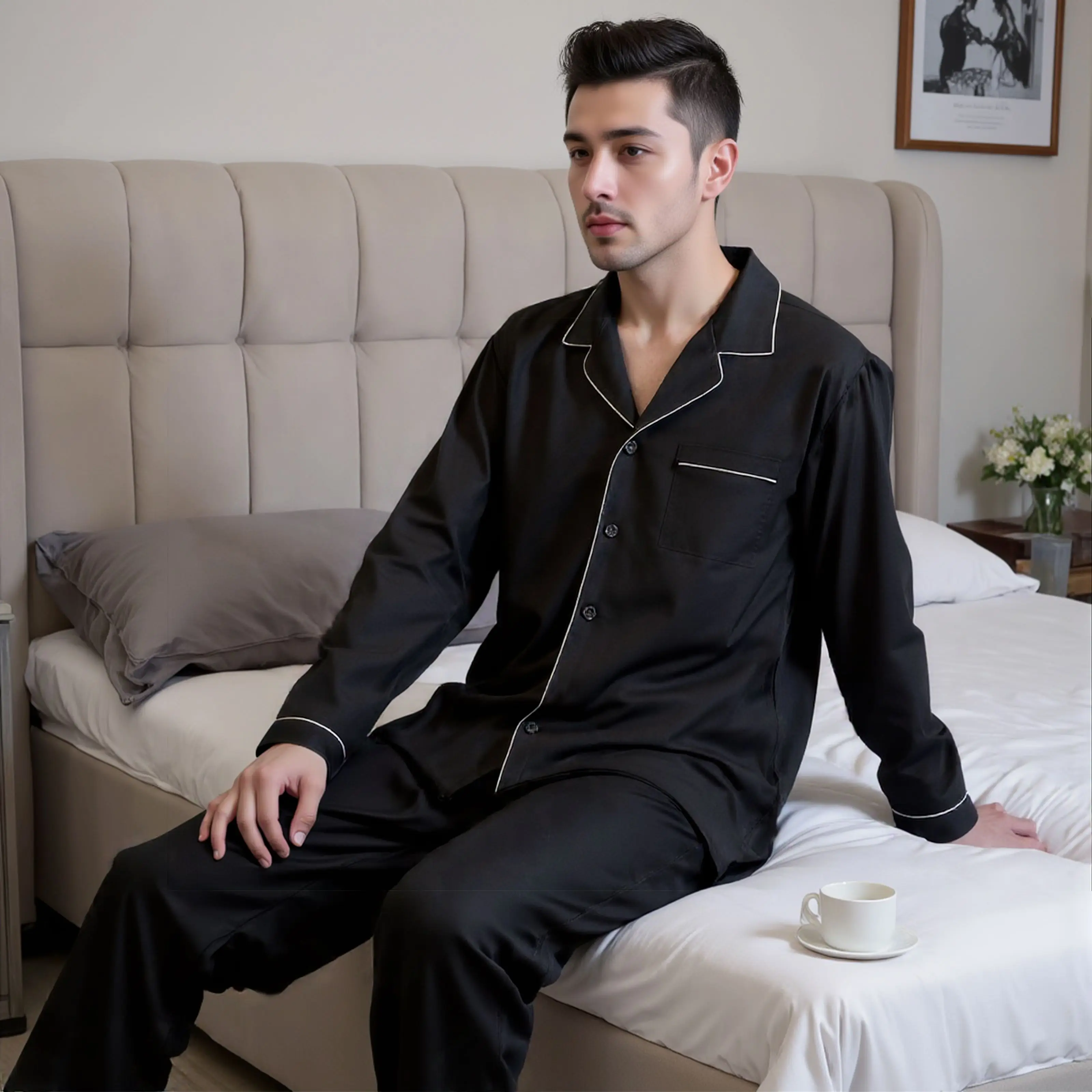 New Light Luxury Silky Smooth Satin Men's Long-sleeved Trousers Loungewear Pajamas Two-piece Set Autumn and Winter Large Size
