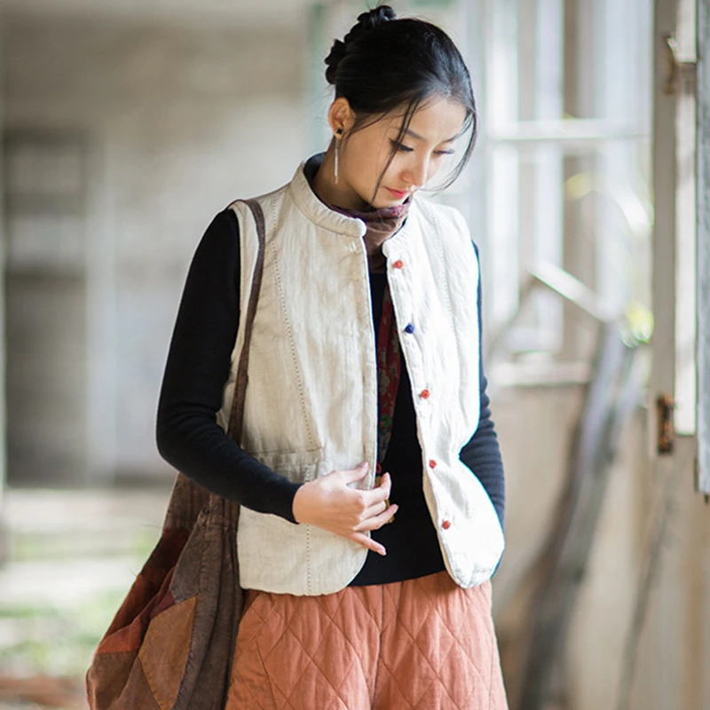 Frauen Baumwolle Leinen Casual Weste Mäntel Neue 2025, Herbst Vintage Stil Einfarbig Dicke Warme Weibliche Grundlagen Ärmellose Jacken M2096
