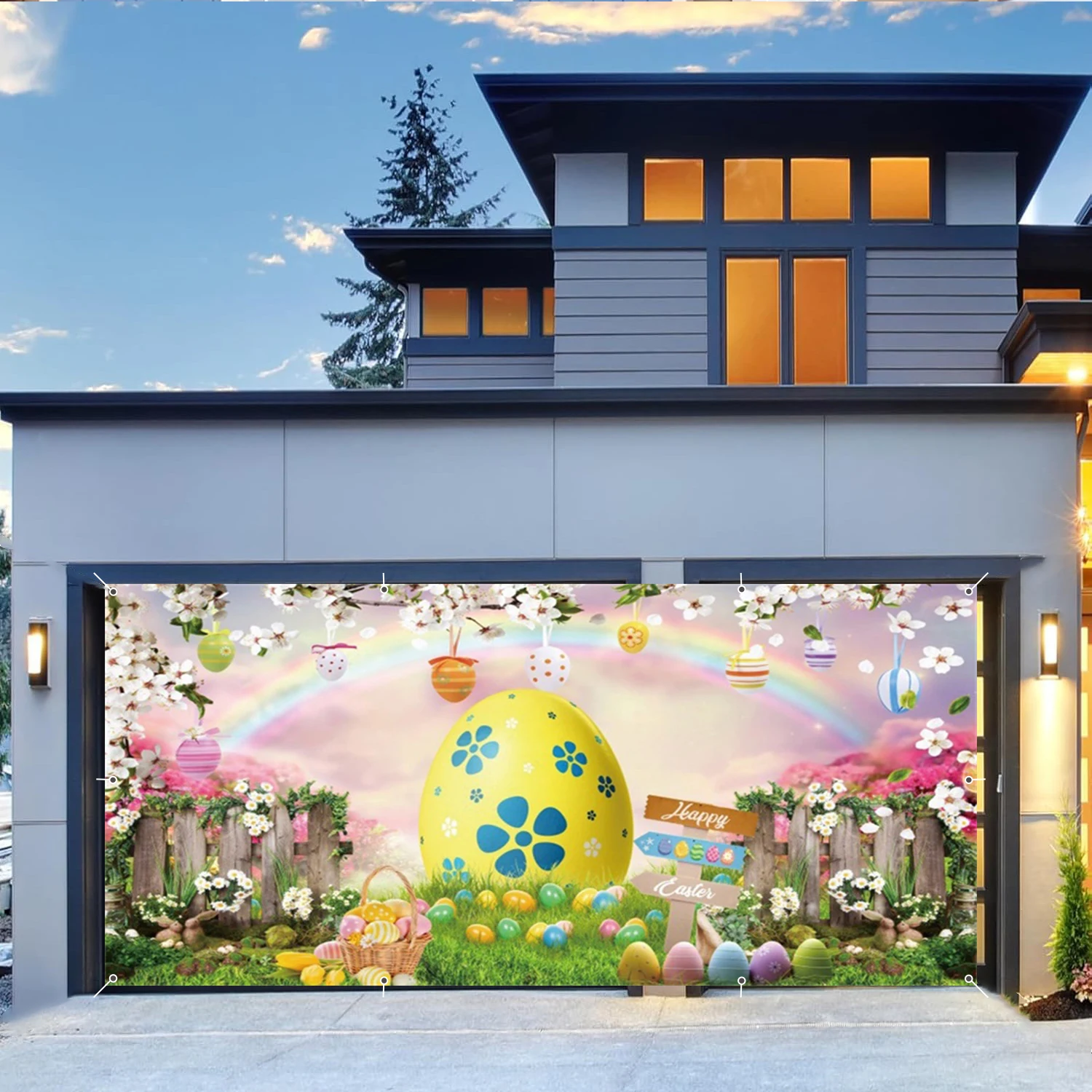 عيد الفصح باب المرآب الديكور سعيد عيد الفصح غطاء باب المرآب كبير أرنب عيد الفصح البيض الربيع زهرة في الهواء الطلق ديكور الحفلات الخلفية