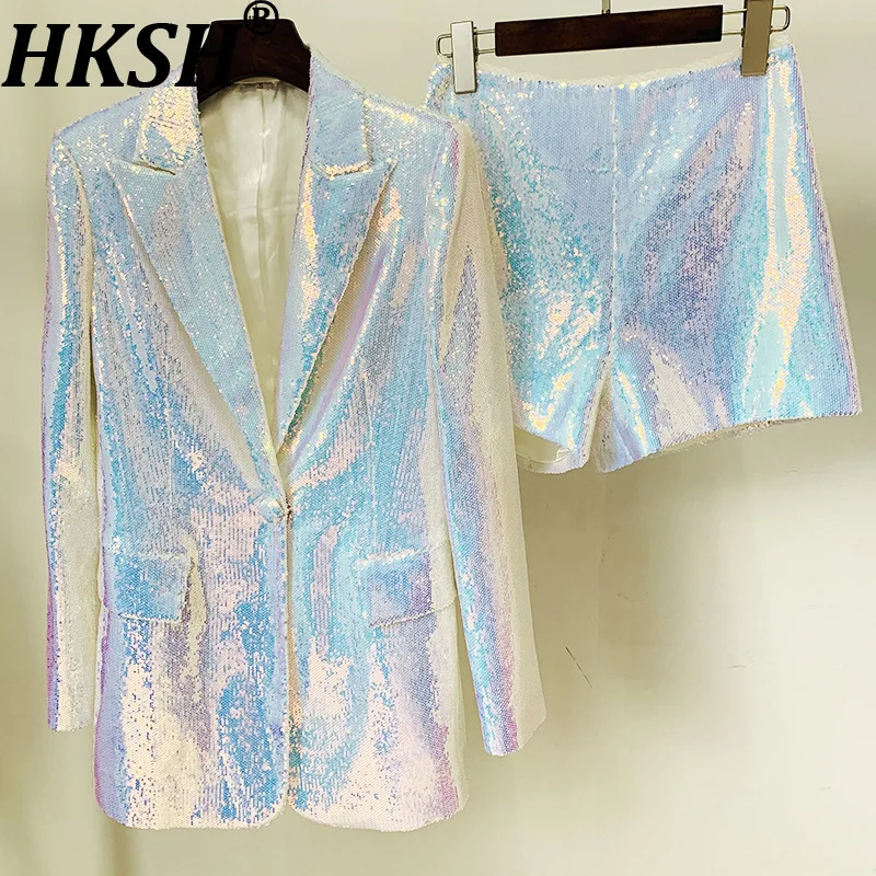 HKSH Spring Autumn New Women Two-piece Set Tide Shiny Colorful Sequins Suit Trend High Street Elegant Fashion Ins Shorts HK12642