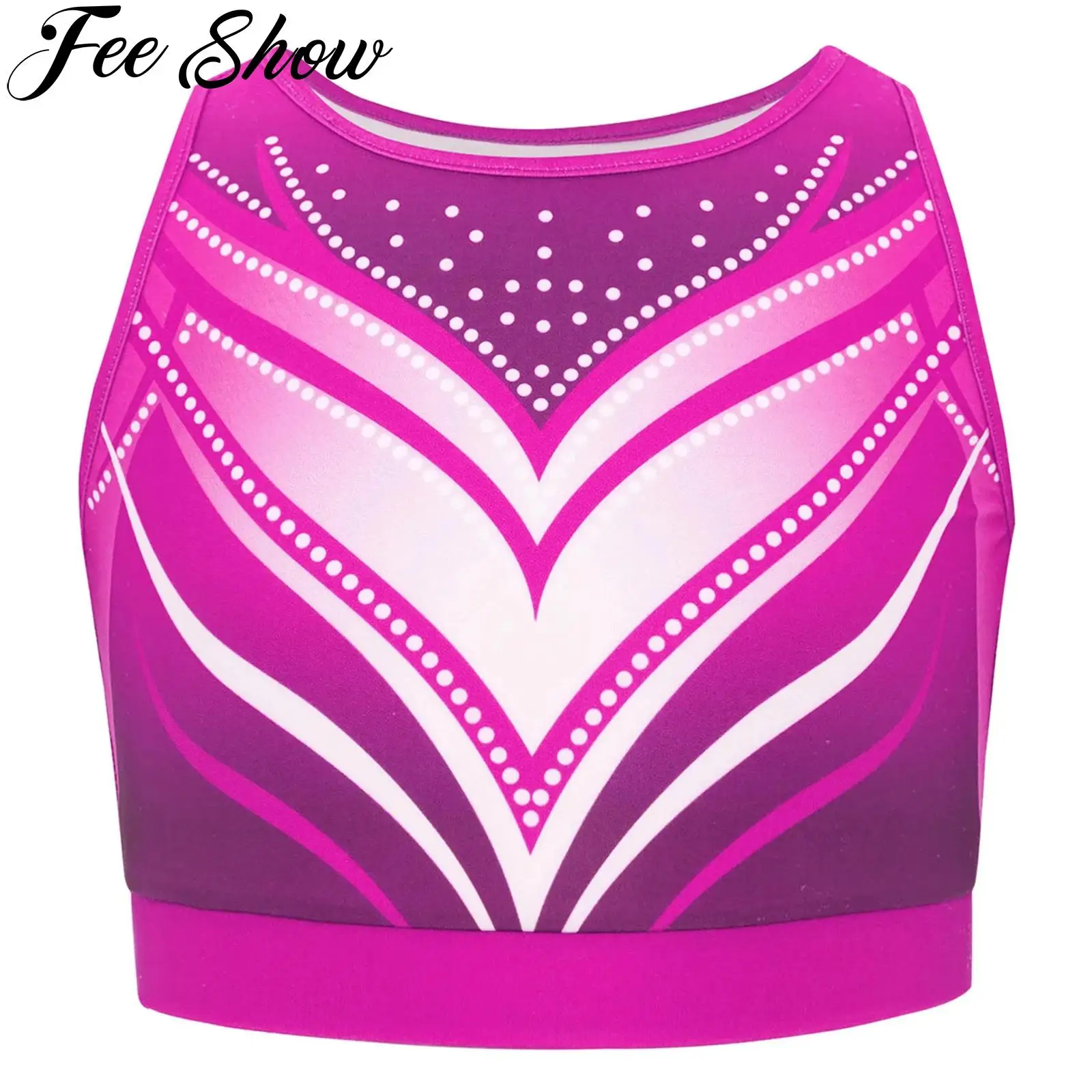 

Girls Gymnastics Ballet Dance Crop Top Sleeveless Contrast Color Printed Athletic Vest Yoga Workout Stage Performance Dancewear