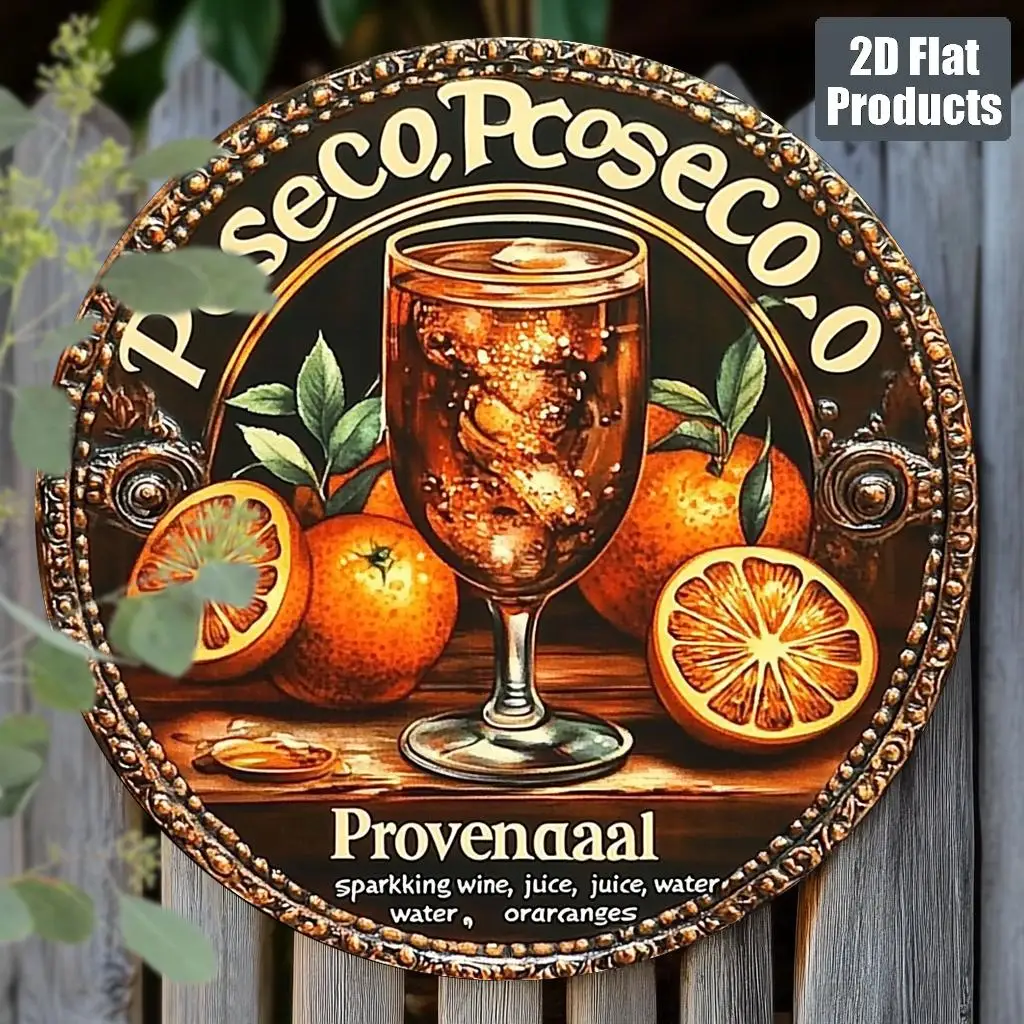 2D Metal Sign 8x8 Inch Vintage Prosecco Wall Decor Aluminum Plate Bar Cafe Home Office Grape Orange Design Durable Art Easy Moun