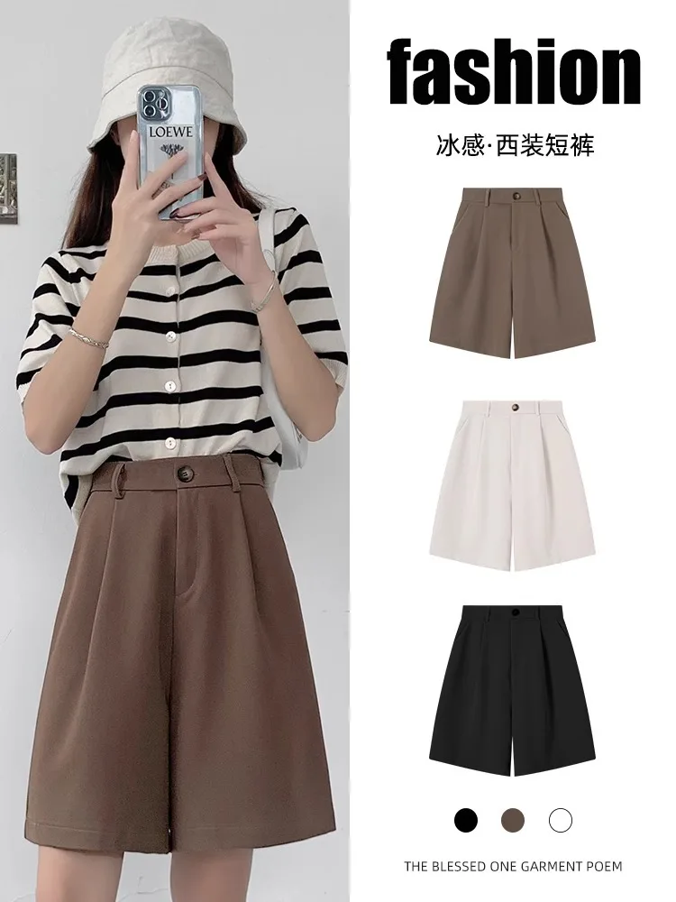Black High Waist Suit Five Point Shorts Draped Pleated Wide Leg Mid Length Trouser Shorts