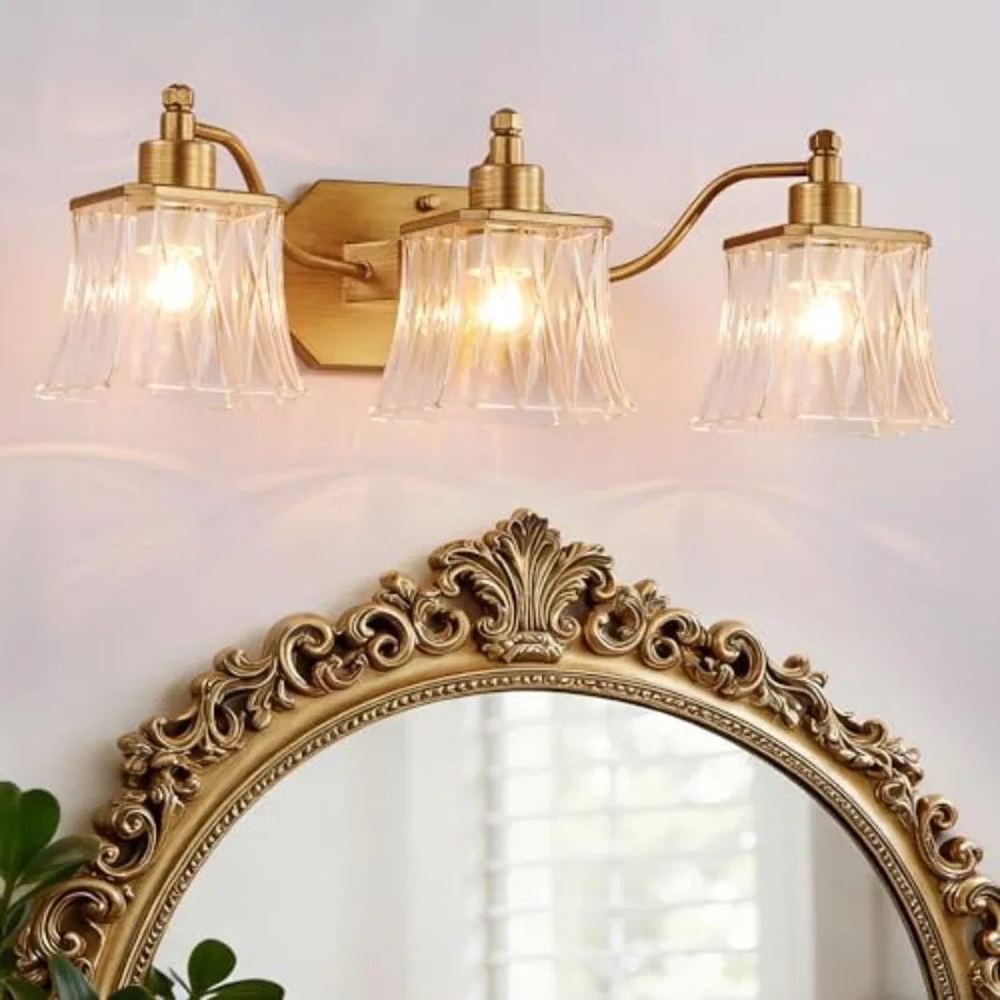 Vintage Bathroom Light Fixtures, Gold Vanity Light with Ribbed Crystal Glass Shade, 21.4" Brushed Gold Vanity Lights for Bathro