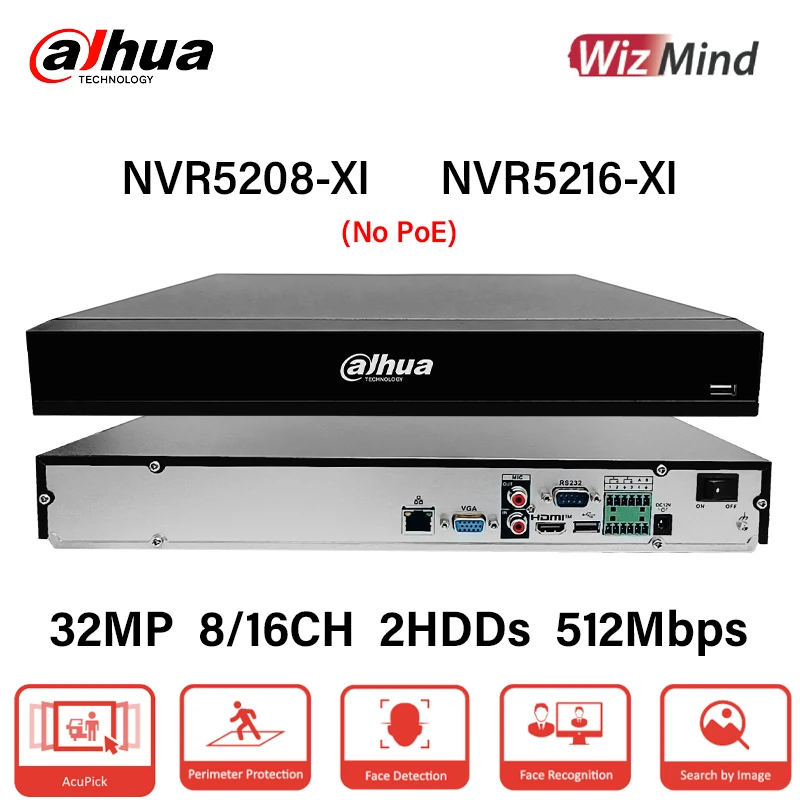 Dahua Original WizMind Network Video Recorder NVR5208-XI NVR5216-XI 2HDDs Face Recognition AcuPick Max.512Mbps Up to 32 MP NVR