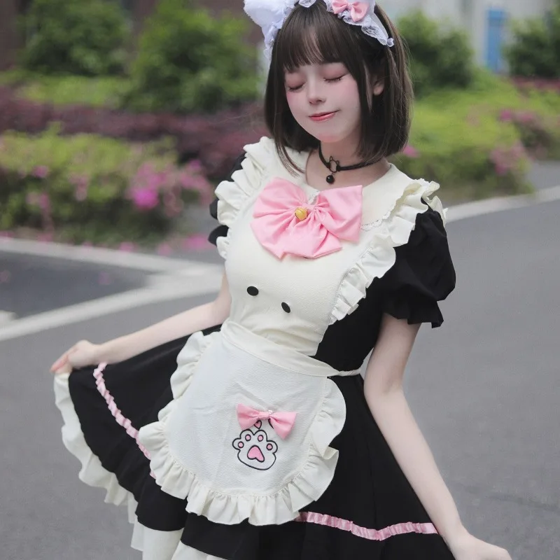 Women Sweet Cat Paw Maid Cosplay Dress Ruffle Apron Dress with Pink Bow Headband and Choker for Party view 2