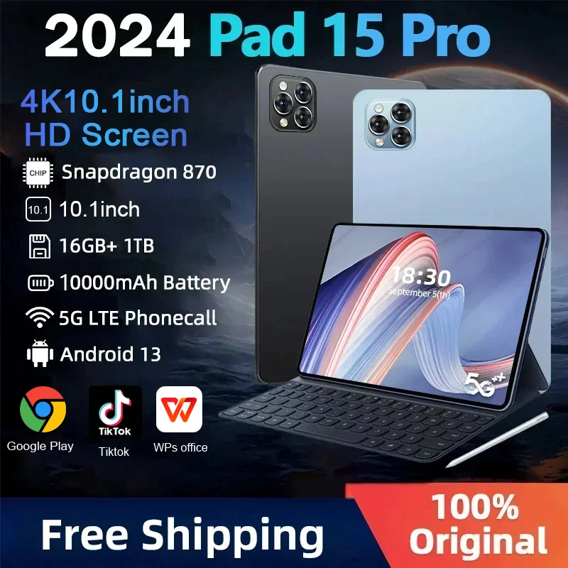 

Global Version Original Pad 15 Pro Tablet Android13 10.1 Inch 16GB 1024GB 5G Dual SIM Phone Call GPS Bluetooth WiFi WPS Tablet