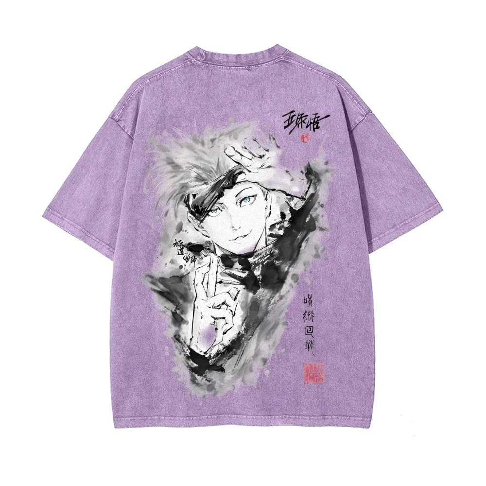 Gojo Satoru أنيمي Jujutsu Kaisen الرجال 2025 غسلها تي شيرت Harajuku الصيف خمر الشارع المتضخم المرأة عادية كم قصير