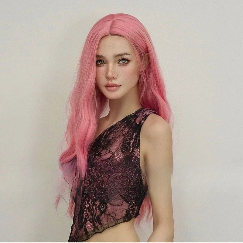 เทรนด์แฟชั่นสตรีผมหยิกยาวปานกลางระลอกน้ําสีชมพูสวมวิกผมเต็มหัวฟูเป็นธรรมชาติ