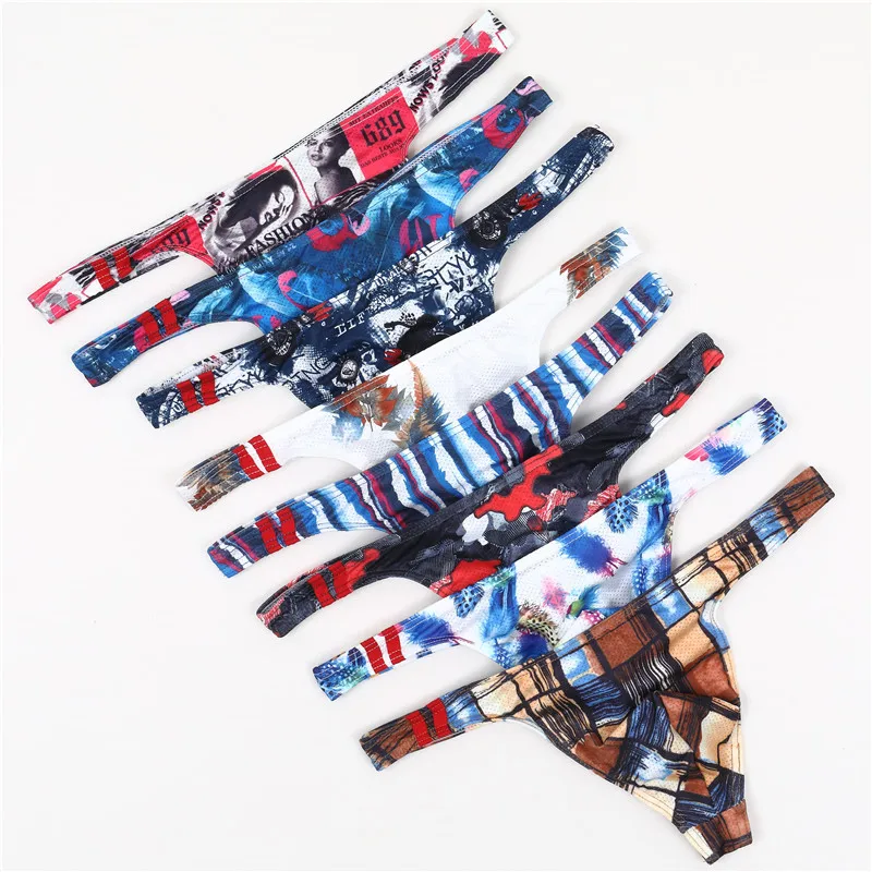 8PCS Men Thongs Sexy Underwear Print Thong Men Briefs Bikini G-Strings Breathable Male Panties Lycra Underpants Jockstrap Thong