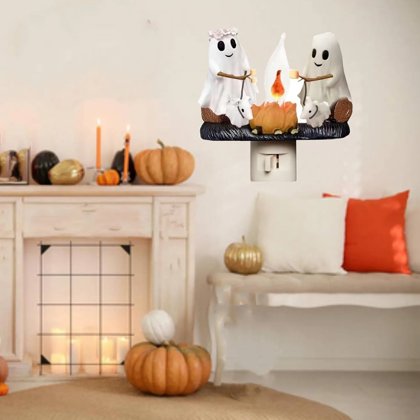 Halloween Decorations Ghost Campfire Flickering Nightlight Plug Into Wall Ghost Roasting At Campfire Lamp Funny Ghost Bonfire