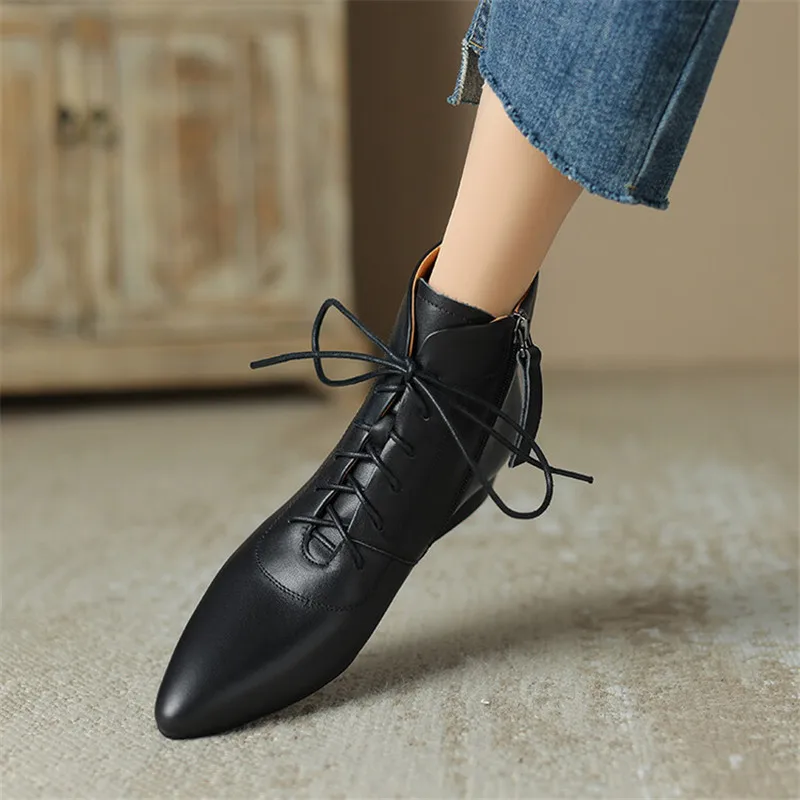 2023 New Winter Genuine Leather Women Boots Pointed Toe Chunky Heel Boots for Women Low Heels Short Boots Concise Ladies Shoes