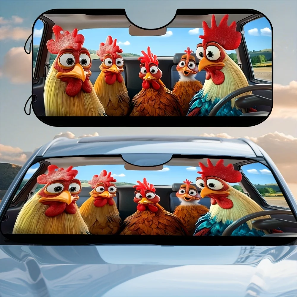 

1pc, Happy Cartoon Chicken Style Front Windshield Car Sunshade, Foldable Interior Visor, Enhances Comfort During Travel And Rout