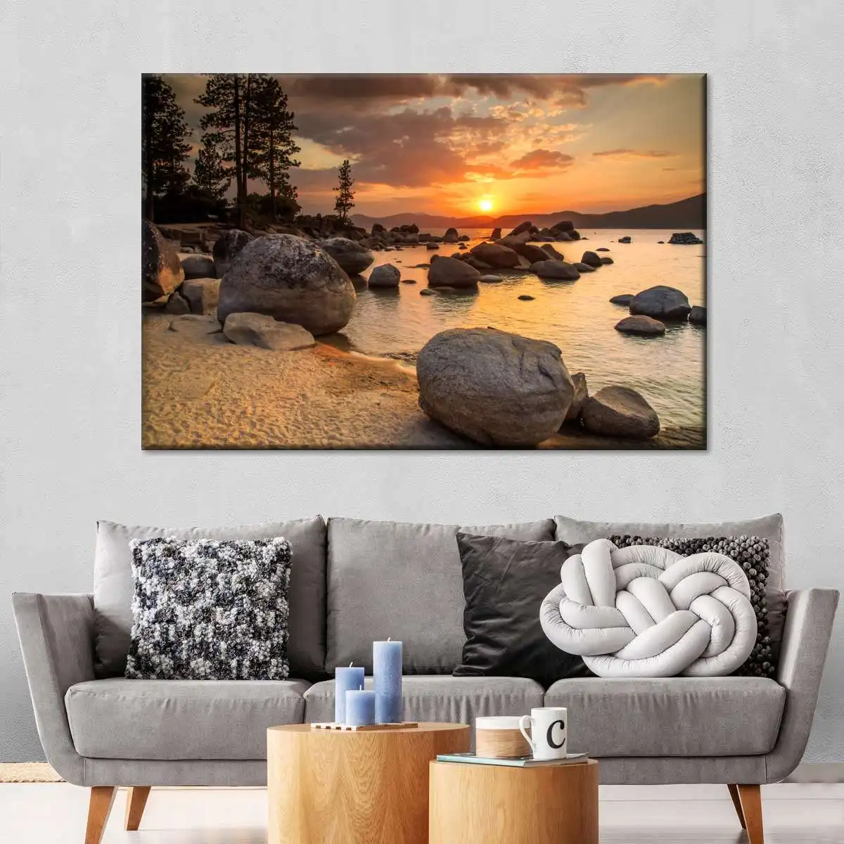 1PC Lakeside Rocky Beach Sunset Landscape Wall Art, Forest Mountain Nature Scenery Poster, Unframed Canvas Print for Home Decor