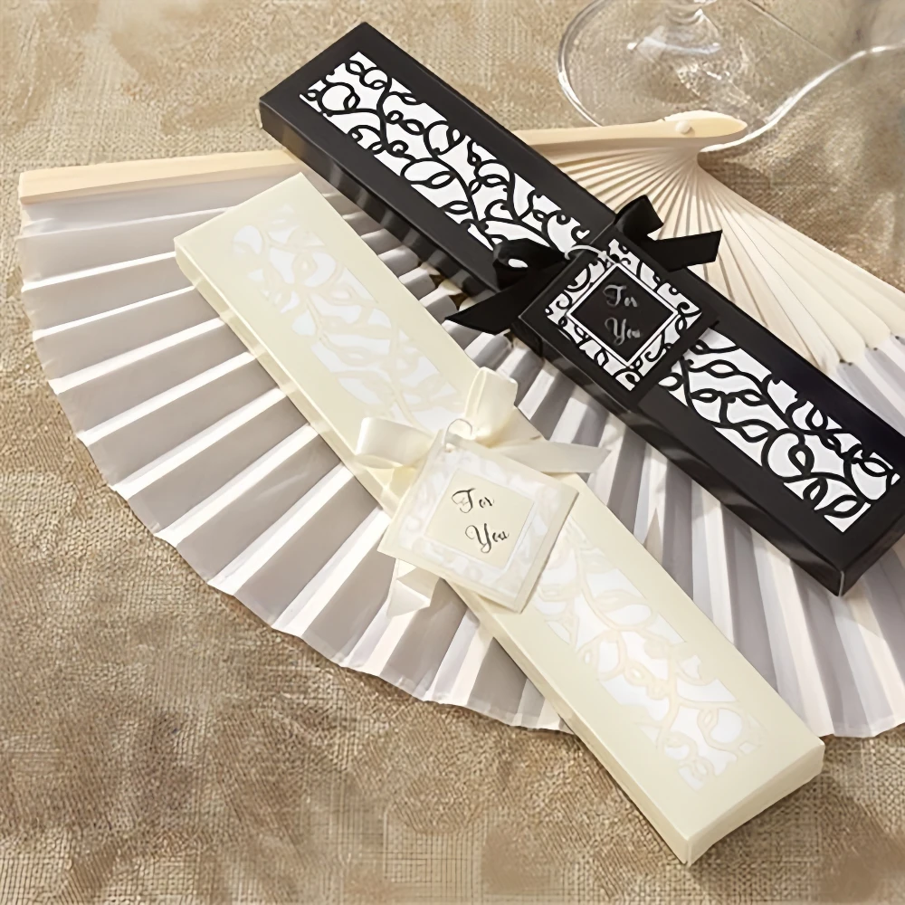 

Custom Folding Fan with Gift Box Laser Engrave Text Imitated Silk Bamboo HandFan for Decoration Wedding Dancing Party Festival