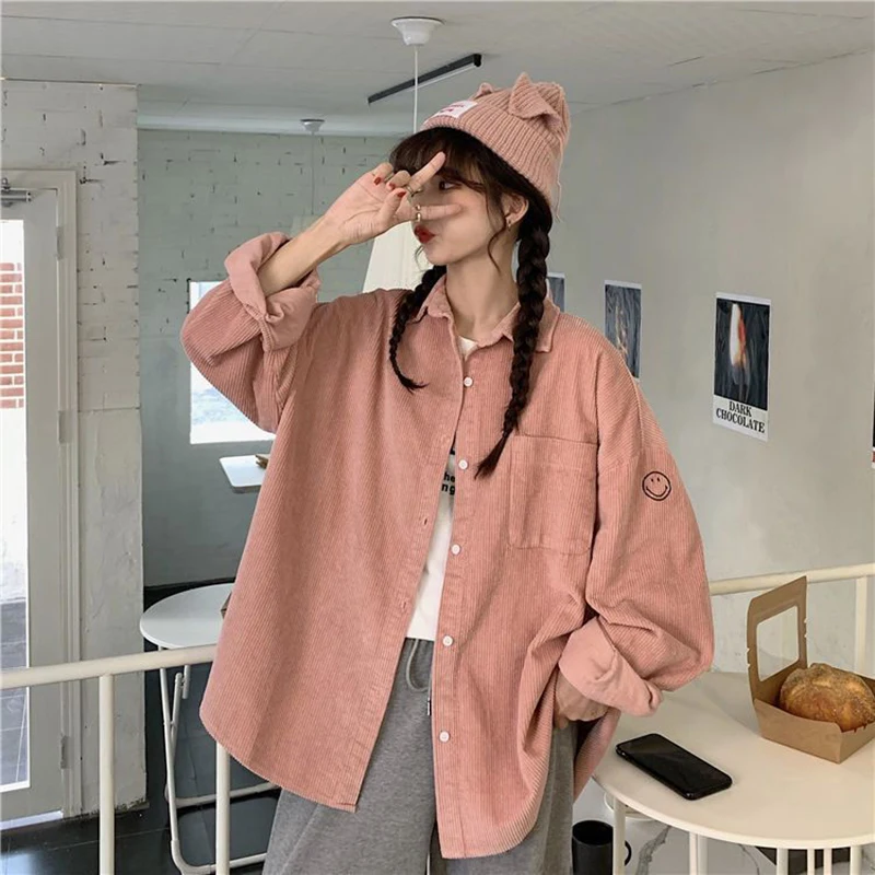 BIYABY Autumn Korean Style Corduroy Shirt for Women Loose single Breasted Blouses Woman Solid Color Turn-Down Collar Shirt