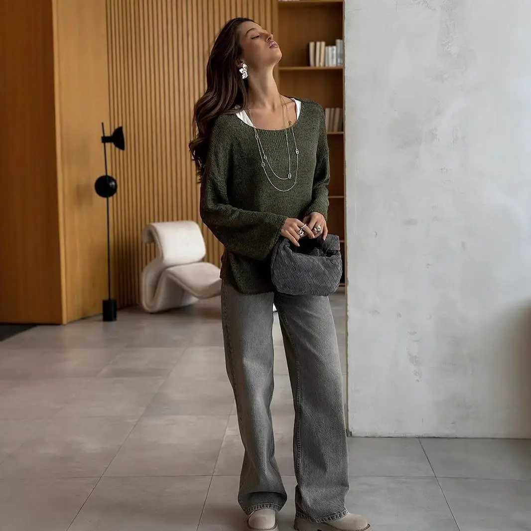 Maglione lungo lavorato a maglia con top cavo, felpa da donna in cotone, primavera 2025, maglieria da donna Faion, colore