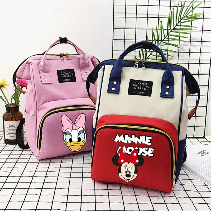 Disney Mickey Minnie Mommy Bag Milk Storage Handheld Canvas Color Matching Backpack Women Bag Baby Mom Bottle Bag Large Capacity