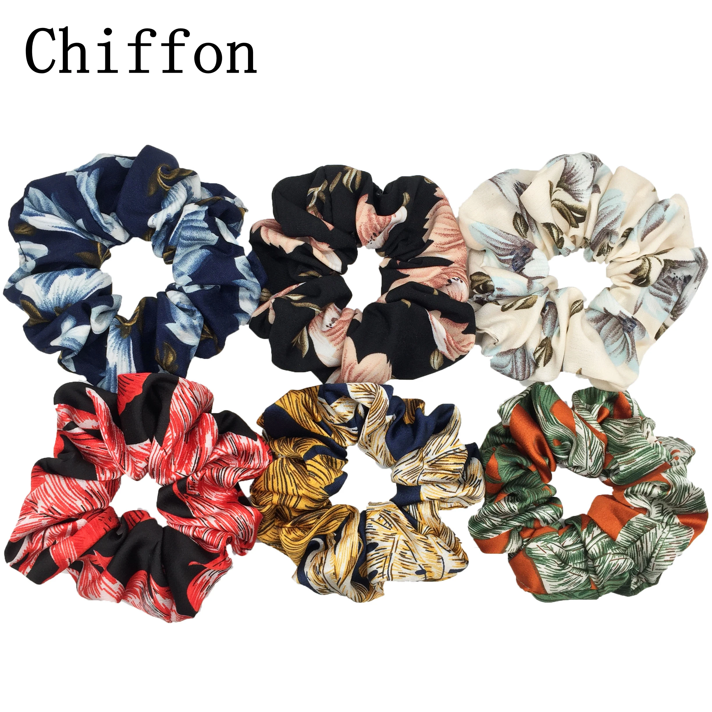 6/1pcs Hair Scrunchies Elastic Band For Women Girls Holder Rubber Ties Accessories Leaf Chiffon Bohemia cheveux Floral Idyllic