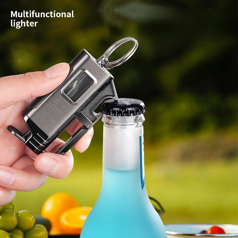 Metal Multi functional Keychain Windproof Jet Blue Flame Gas Lighter Outdoor Bottle Opener LED Transparent Window Cigar Lighters